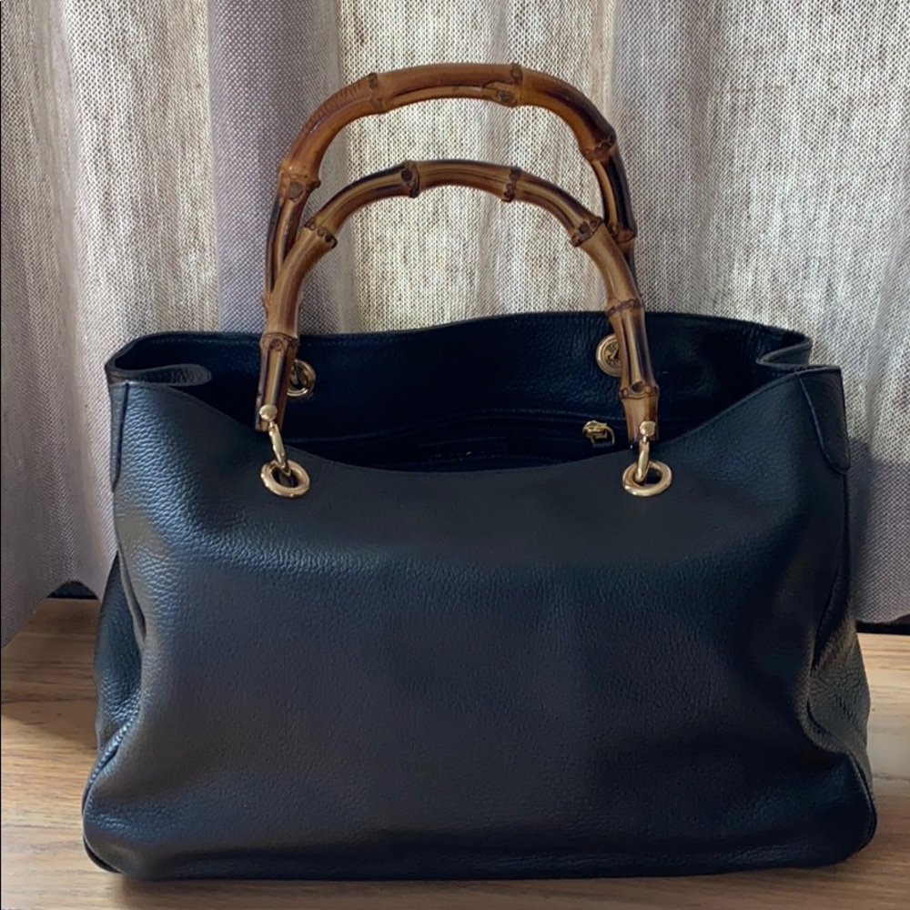 Black leather, bamboo handle bag
